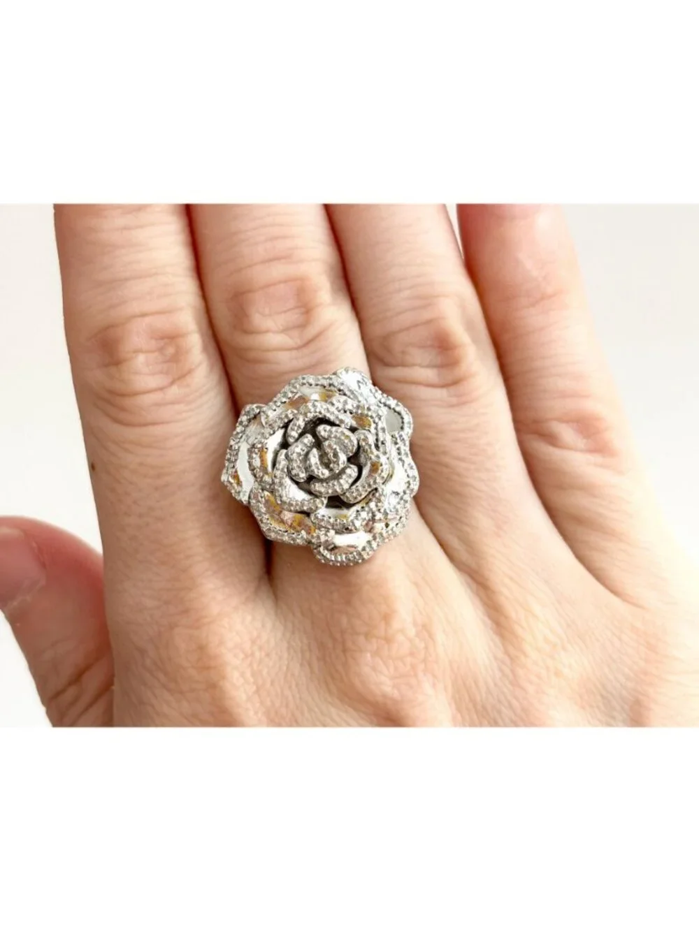 Blooming Rose Floral Textured Jumbo Sterling Silver 925 Vintage Ring - sz 7